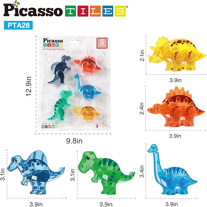 PicassoTiles Magnet Tile Dinosaur Action Figure Playset Mix or Match Compatible Prehistoric Parts STEM Magnetic Tiles for Creative Building Imaginative Educational Pretend Play Toddlers Ages 3+ PTA28