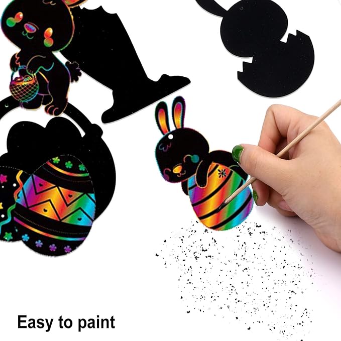 HOWAF 36pcs Easter Scratch Art for Kids Crafts Gift, Easter Egg Rainbow Scratch Art Paper for Kids Easter Drawing DIY Tags Decoration Easter Party Bag Fillers, Easter Egg Bunny Chick Carrot Basket