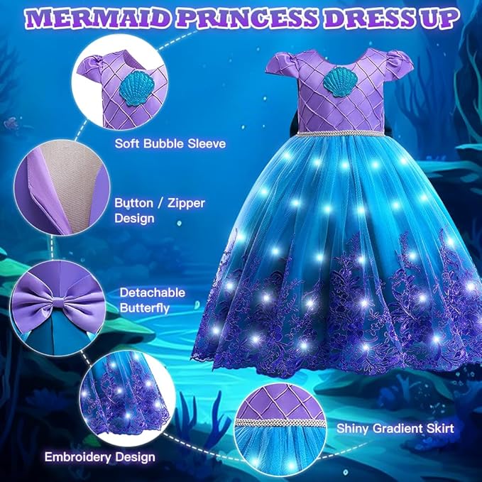 TOLOYE Princess Dresses for Girls, Light Up Mermaid Unicorn Costume Dress with Accessories for Halloween Carnival Cosplay