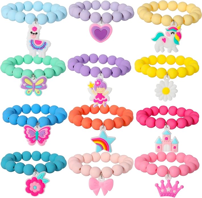 PinkSheep Unicorn Beads Pendant Bracelet for Kid Girl, 6PC, Rainbow Monster Sun Flower Heart Meteor Charm Friendship Bracelet Good Friend Gift