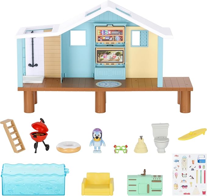 Bluey Beach Cabin Playset, with Exclusive Figure with Goggles. Includes 10 Play Pieces and Sticker Sheet