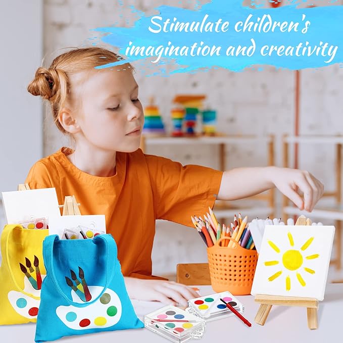 Zhengmy 12 Sets Watercolor Paint Art Party Favors Mini Paint Sets Canvas Tote Bags Goodie Bags 3'' x 3'' Painting Canvas Panel with Wooden Easel Set for Valentine Sip and Paint Party