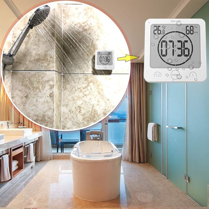 Timer Waterproof for Shower, Water Resistant Bathroom Wall Clock with Suction, Large Countdown Visual Timer for Kids, Digital Outdoor Hanging Clock with Temperature and Humidity Display (White)