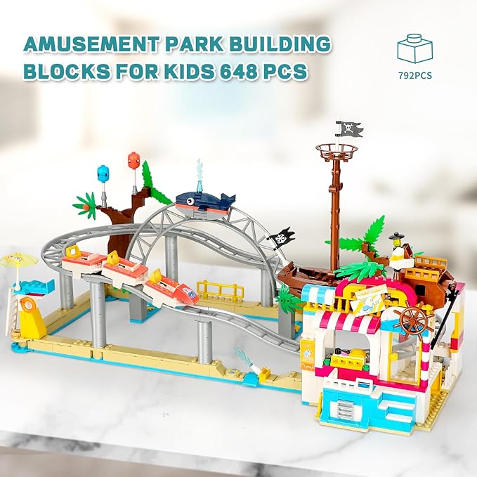 Friends Roller Coaster Amusement Park Building Set, Compatible with Lego for Girls Age 8-12,Theme Park Building with Roller Coaster and Water Park Carnival Building Toys for Girls (648 PCS)