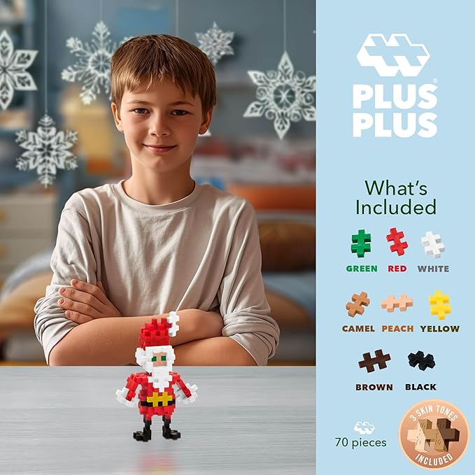 PLUS PLUS 3D Puzzle Building Block Set, 70 Mini Interlocking Pieces, Fun Holiday Activities for Kids - Santa Claus Mini Maker Tube