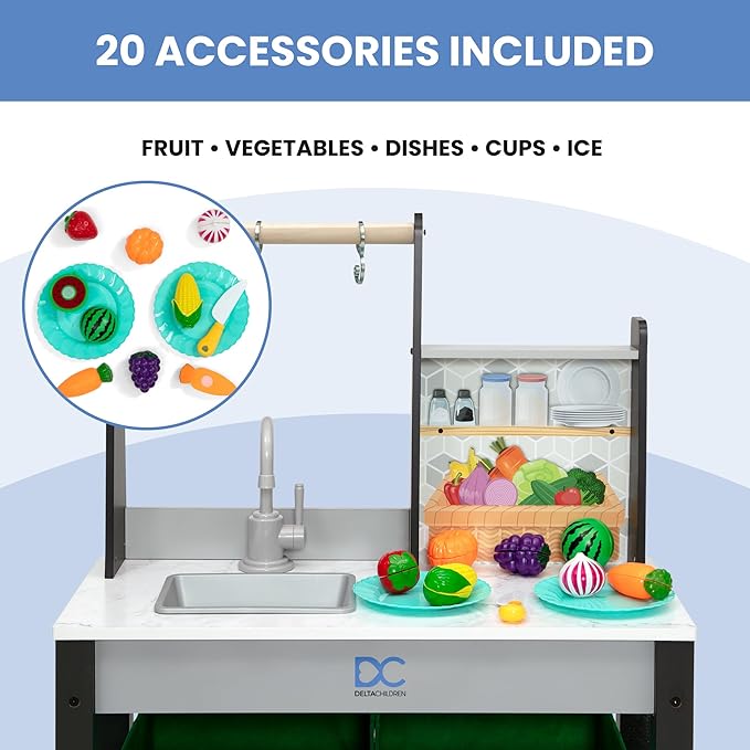 Delta Children Gourmet All-in-One Corner Play Kitchen - Toy Kitchen Playset with Safe & Heatless Stove with Lights, Oven, Sink, Fridge/Freezer with Ice Maker and 20 Accessories, Grey