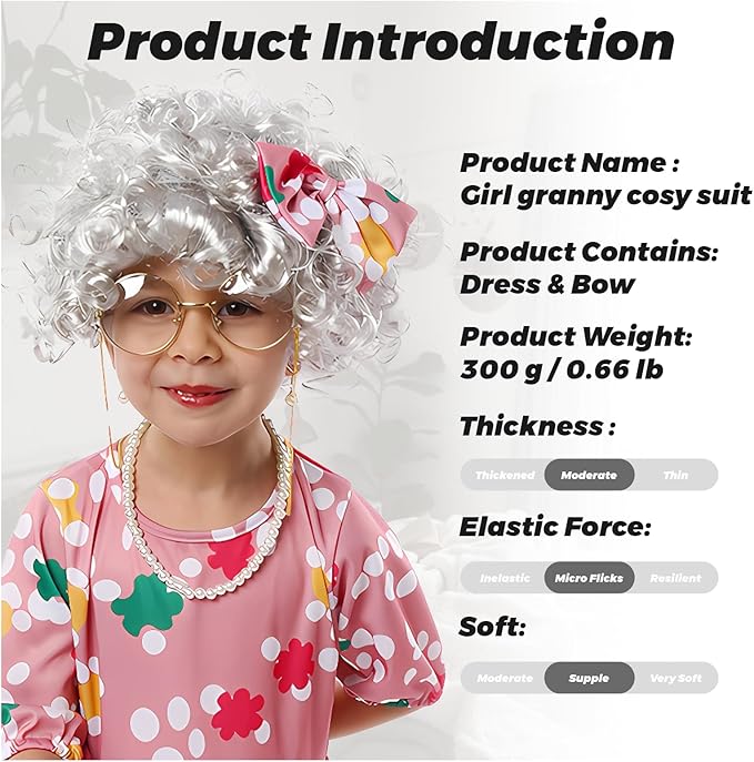 Old Lady Costume for Kids Girls, 9Pcs 100th Days of School Grandma Outfits with Wig Cane, Granny Cosplay Dress Up