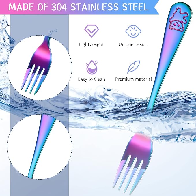 Minatee 6 Pieces Kids Forks Rainbow Kids Cutlery Set Safe Children Forks Stainless Steel Small Metal Self Feeding Children Silverware Utensil Set for Home and Preschools