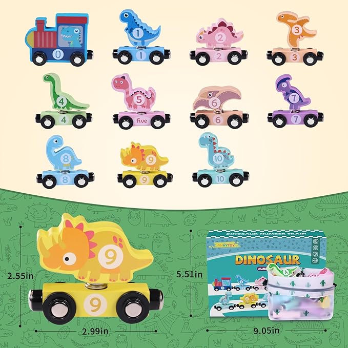 Wooden Train Set Dinosaur Toys for Kids 3-5, Magnetic Dinosaur Train Number Matching Color Sorting Sensory Toys for Toddlers, Montessori Toys for 3 4 5 Year Old Baby Girls Boys Birthday Gifts