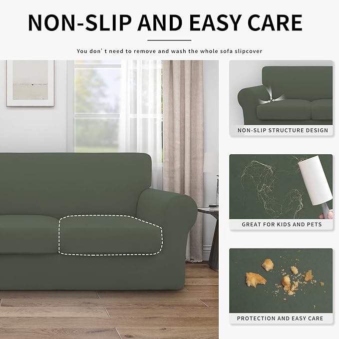 Easy-Going 100% Dual Waterproof Stretch Soft Couch Cover for Dogs, Sofa Slipcover for 3 Separate Cushion Couch Leakproof Furniture Protector for Kids, Pets Grayish Green