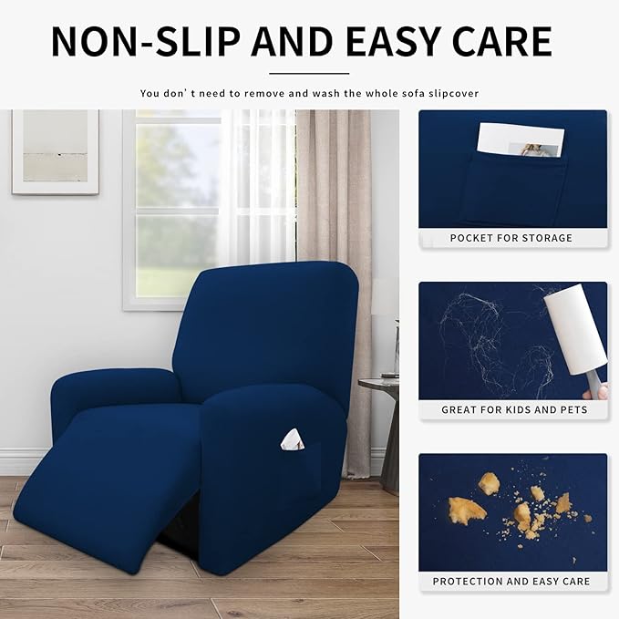 Easy-Going 100% Dual Waterproof Recliner Cover Stretch Soft Couch Cover for Dogs, Sofa Slipcover for Recliner Couch Leakproof Furniture Protector for Kids, Pets Navy