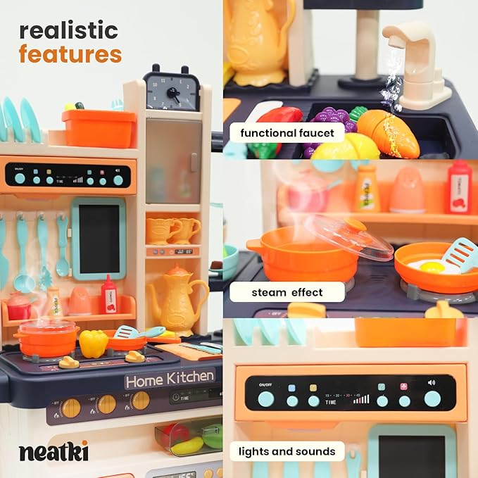 Kids' Play Kitchen Set, 65-Piece Toy Set for Toddlers, 27.95 x 11.22 x 36.81 Inch, with Functional Faucet, Realistic Steam Effects, Lights and Sounds (Blue)