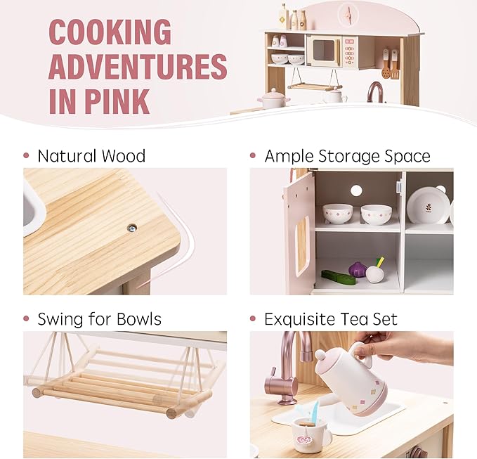 ROBUD Play Kitchen for Kids Toddlers, Wooden Play Kitchen with Realistic Accessories, Toy Kitchen Set with Plenty of Play Features, Modern Style Toy Kitchen for Girls & Boys, Gift for Ages 3+, Pink