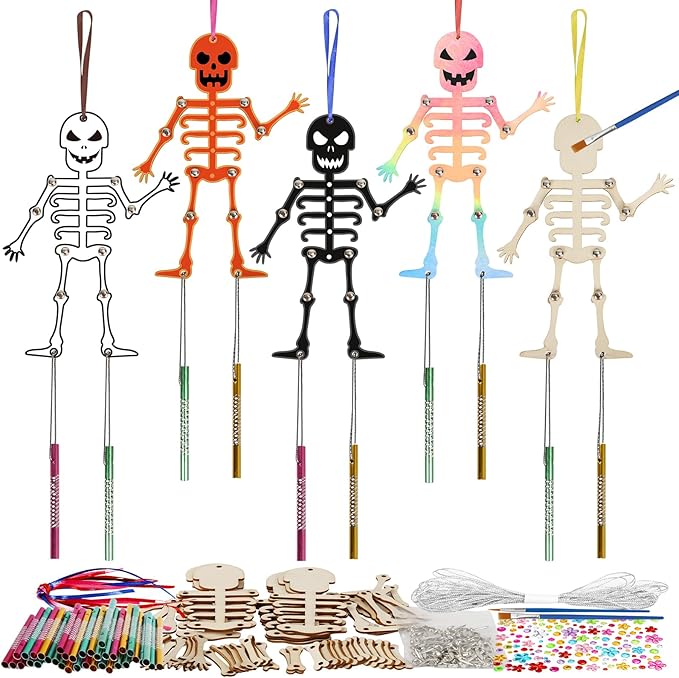 Fennoral 9 Pack Skeleton Wind Chime Kit for Kids Make You Own Skeleton Wind Chime Hanging Ornaments DIY Coloring Wooden Halloween Crafts for Boys Girls Art Activity Halloween Party Decoration