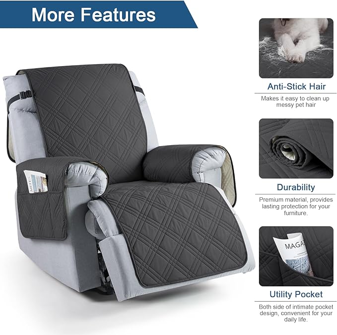 TAOCOCO 100% Waterproof Recliner Chair Cover Stay in Place, Recliner Covers for Small Recliner Chair with Pocket, Reclining Chair Cover Furniture Protector for Kids, Pets(X-Small Chair, Charcoal Gray)