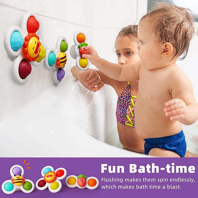 LiKee Strong Suction Cup Fidget Spinnerz Sensory Bath Toys for Baby 12 18 Months Airplane Car Travel Table & Window Toys for 1 2 Year Old Toddler Boys and Girls (Sun)
