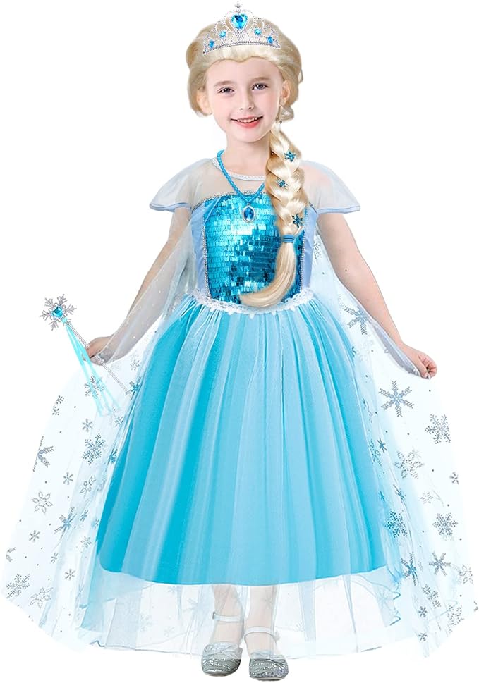 Tacobear Elsa Costume for Girls Kids Elsa Wig Blue Crown Glove Princess Dress Up Accessories Birthday Cosplay Outfit