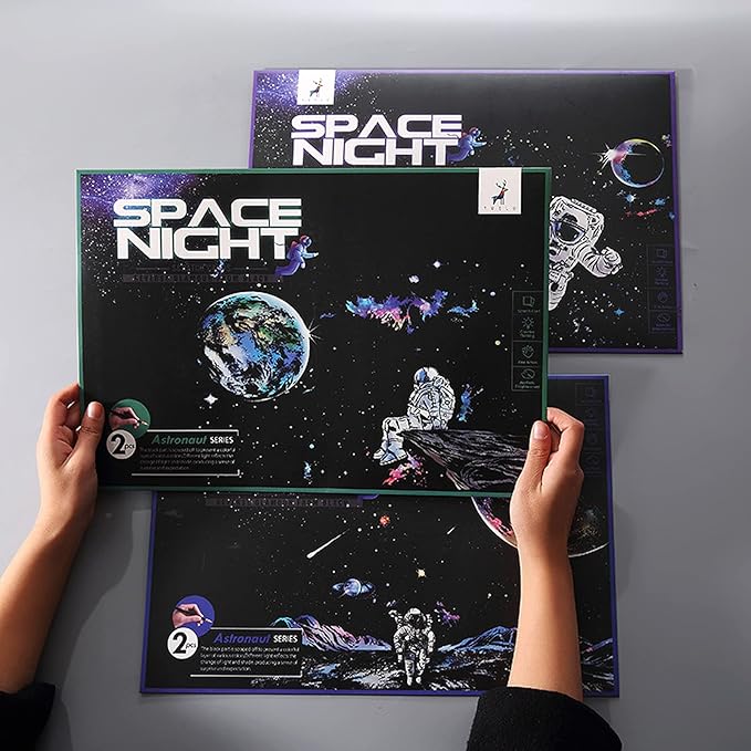 Space Series Scratch & Engraving Art Paper Kit (16"x11.2") for Kids & Adults - Rainbow Sketch Cosmos Astronaut Starry Sky Painting Painting Scratchboard- 3 Pack with 5 Tools: Drawing Pens, Clean Brush