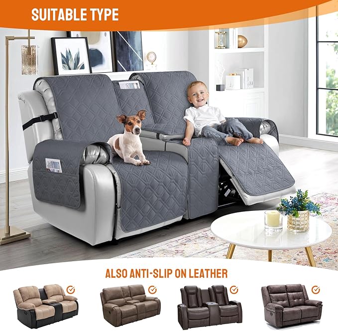 VANSOFY Loveseat Recliner Cover with Console 100% Waterproof Sofa Slipcovers Non-Slip Reclining Couch Cover Split Sofa Covers Furniture Protector for Pets, Dogs(Dark Gray)