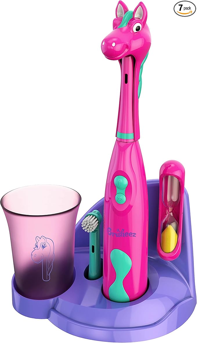 Brusheez Kids’ Electric Toothbrush Set - Safe & Effective for Ages 3+ - Parent Tested & Approved with Gentle Bristles, 2 Brush Heads, Rinse Cup, 2-Minute Timer, & Storage Base (Prancy The Pony)