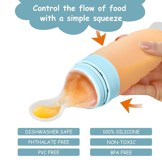 WAJIAYON Baby Food Feeder 4 Pack Silicone Baby Food Dispensing Spoon-3 oz Squeeze Feeding Spoons with Suction Cup for Boys Girl Kids Toddlers - Self Feeding Bottle Spoon-Light Blue