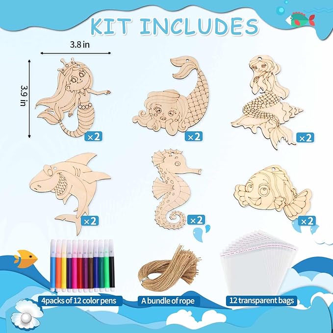 SOSAZOZA 12 Pack Mermaid Party Favors, Wooden Ornaments for Crafts, Chrismas Gifts Set, Mermaid Party Supplies, Mermaid Birthday Party Favors, Includes Mermaid Bracelet, Colored Pen, Card, Rope