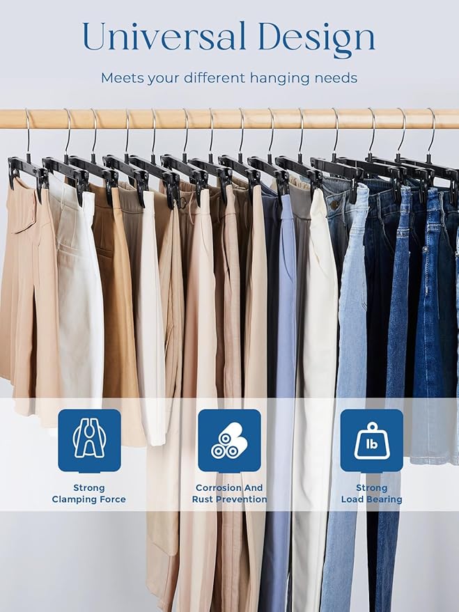 Smartor Space Saving Heavy Duty Hangers - 180 Pack, Slim Plastic Pants and Shorts Hangers, Ridged Non-Slip with Pinch Clips, 360-Rotating Chrome Swivel Hook, Black, 10 Inches