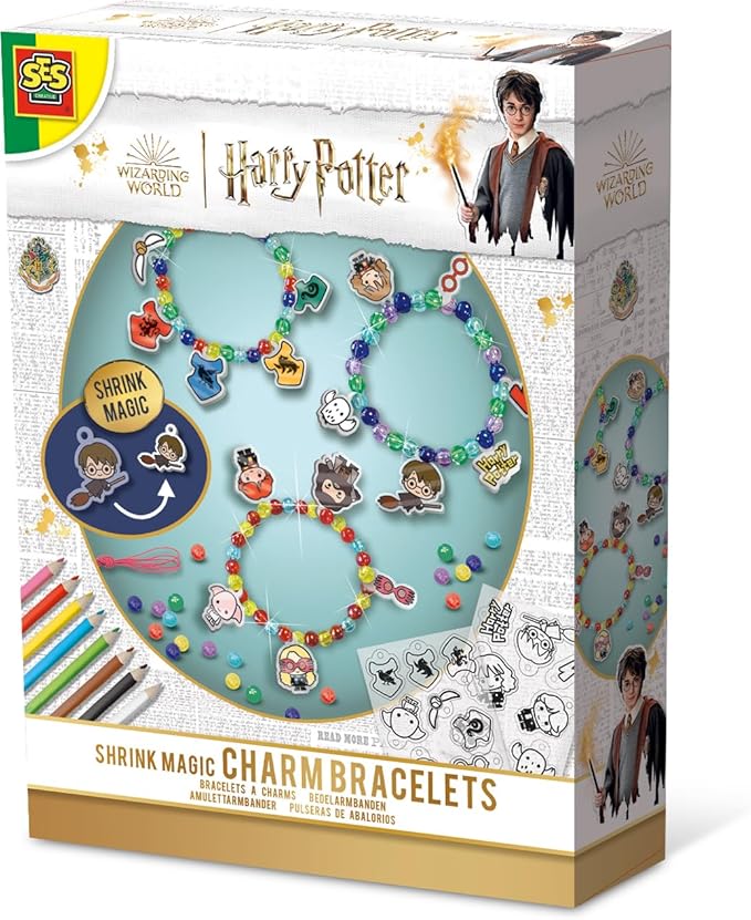 SES Creative 09343 Harry Potter Shrink Wrap Magic Bracelets Set for Children, Coloured Bead Mix and Harry Potter Figure Shrink Film + Colouring Pens