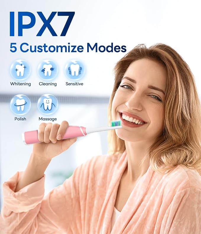 Bymore Electric Toothbrush for Adults,Travel Sonic Toothbrush with 8 Replacement Heads, Ultra Clean Rechargeable Toothbrush Portable Electric Toothbrush-Pink