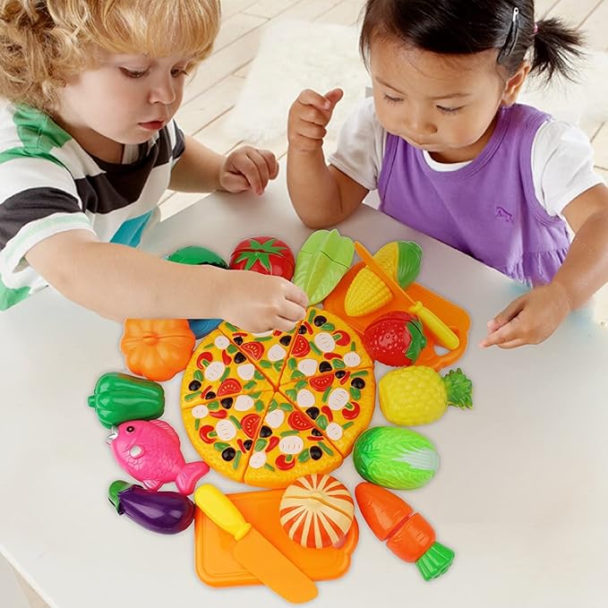 Cutting Play Food Set Kitchen Pretend - 40pcs Grocery Basket Toys Food for Kids Toddlers Girls Boys Educational Fake Fruits Vegetables Pizza Knife Dishes Playhouse Accessories Xmas Gifts
