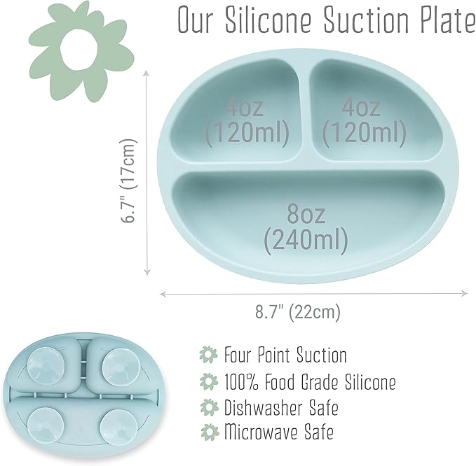 Elk and Friends Silicone Suction Plate for Babies/Toddlers + Stainless Steel Silverware Feeding Set | Divided Plate | Suction Design | Forks + Spoons Included | 3 Pack