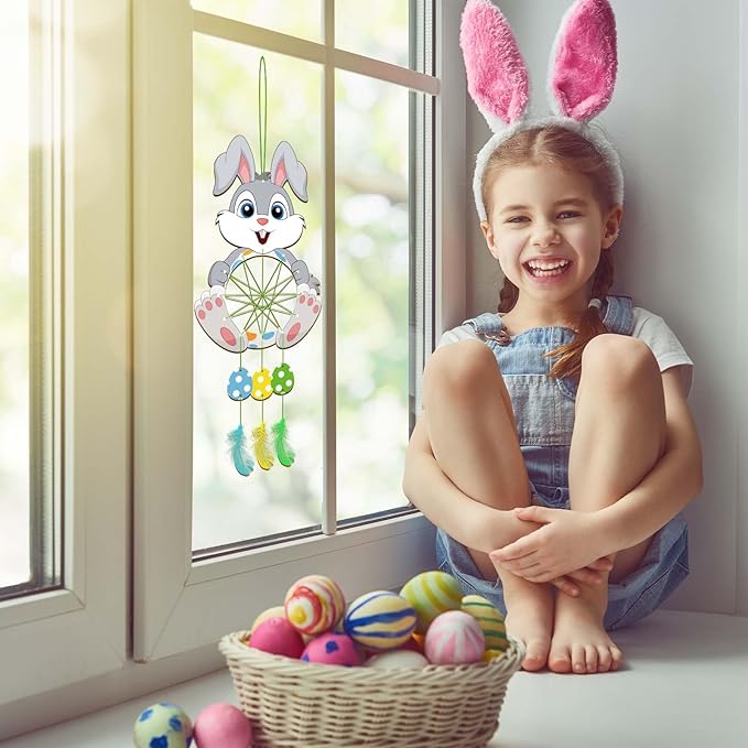 Fennoral 5 Pack Bunny Dream Catcher Craft Kit for Kids Paint You Own Easter Rabbit Dream Catcher Ornament DIY Coloring Wooden Easter Art and Craft for Art Activity Project Easter Decoration