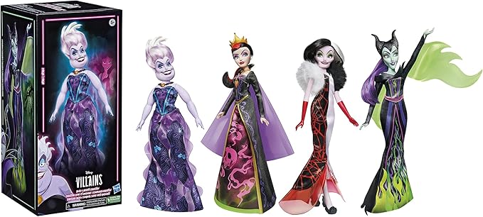 Disney Princess Villains Black and Brights Collection, Fashion Doll 4 Pack, Disney Villains Toy for Kids 5 Years Old and Up