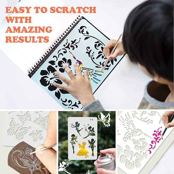 Mocoosy 3 Pack Rainbow Scratch Art Paper Notebooks, Magic Scratch Off Paper Set for Kids Arts Crafts, Black Scratch Note Doodle Pads for Drawing Christmas Gifts Birthday Game Coloring Activity