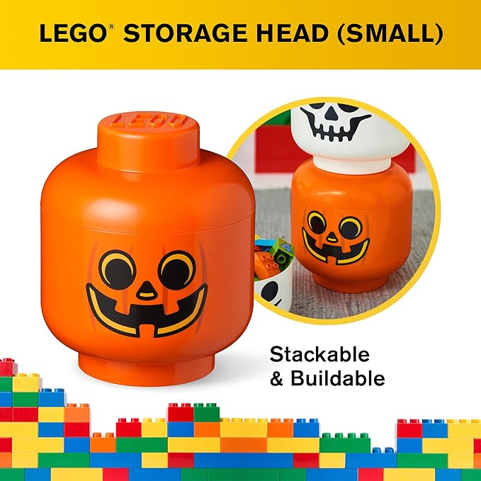 Room Copenhagen, LEGO Storage Heads Stackable Storage Container - Buildable Organizational Bins for Kid’s Toys and Accessories - 6.30 x 6.30 x 7.28in - Small, Pumpkin, Holds 250 Bricks