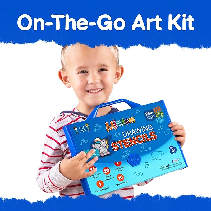 Mimtom Drawing Stencil Kit for Kids, 51 PC Art Set with 240+ Shapes, Sketch Pad, and Colored Pencils for Children's DIY Arts and Crafts, Draw with Animal, Letter and Car Stencils, Blue