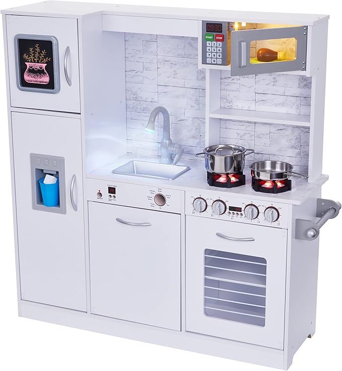 Lil' Jumbl Kids Kitchen Set, Pretend Wooden Play Kitchen, Battery Operated Icemaker, Burners, Faucet & Microwave Makes Realistic Sound & Light, Pots & Pan Included - White