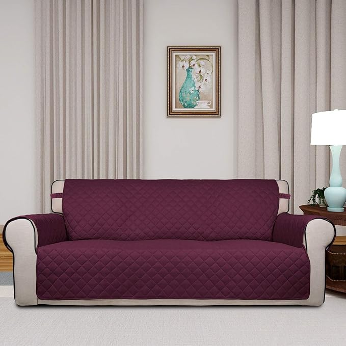 PureFit Reversible Quilted Sofa Cover, Water Resistant Slipcover Furniture Protector, Washable Couch Cover with Non Slip and Elastic Straps for Kids, Dogs, Pets (Oversized Sofa, Wine/Beige)