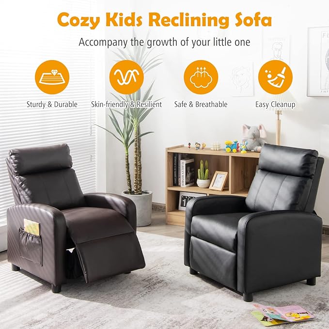 Costzon Kids Recliner, Adjustable PU Leather Lounge Chair with Side Pockets, Footrest, Headrest for Kids Aged 3-12, Black