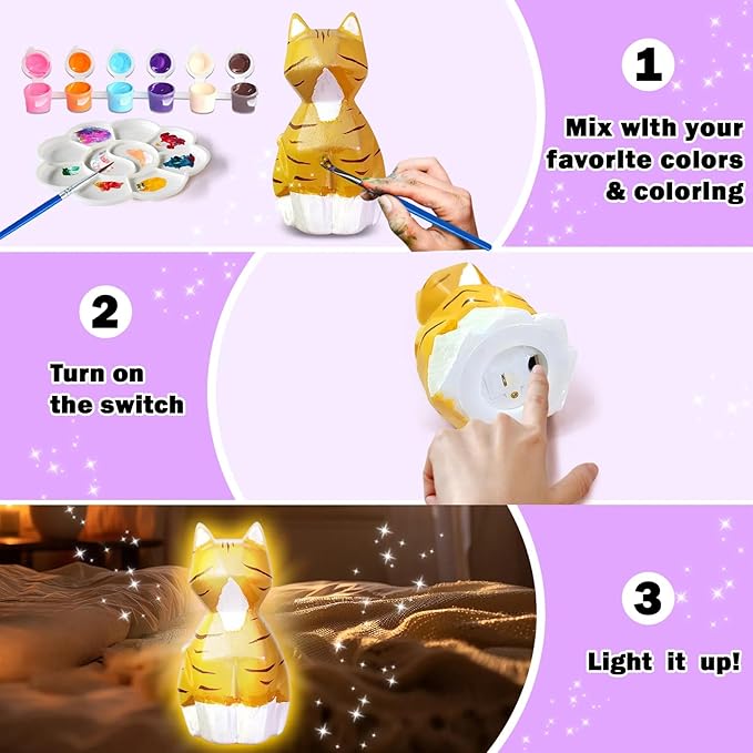 FUNZBO 4.3in Paint Your Own Cat Lamp Kit - Arts and Crafts Supplies Kitten Painting Kits for Kids Teens, DIY Night Light Toy for Toddler Girl Boy Ages 3 4 5 6 7 8 9 10 11 12 13+ Birthday Easter Gift