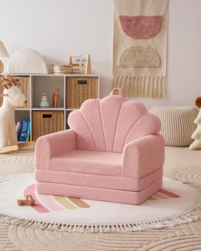 Blissful Diary Kids Couch, 2-in-1 Soft Toddler Couch Fold Out, Toddler Chair Comfy, Convertible Sofa to Lounger with Cute Shell Designs, Pink