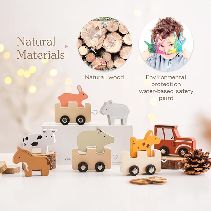 Wooden Train Set Toddler Toys for 3-5 Year Montessori Animal Figurines Train Toy Set Preschool Learning Activities Toys for Kids, Birthday Gift for Toddlers & Kids Aged 3+ (10 PCS)
