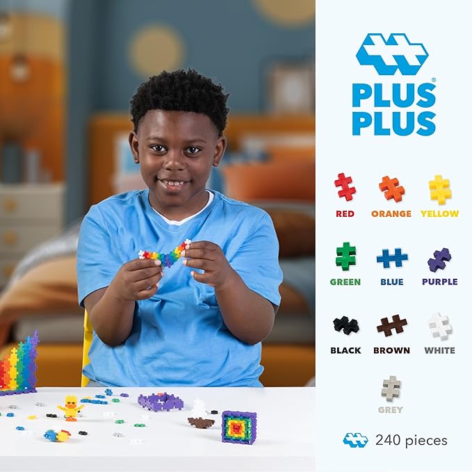 PLUS PLUS 240 Piece Interlocking Building Blocks for Kids, Open Ended Connecting Toys, STEM Bin Classroom Mini Manipulatives - Basic Mix Play Tube