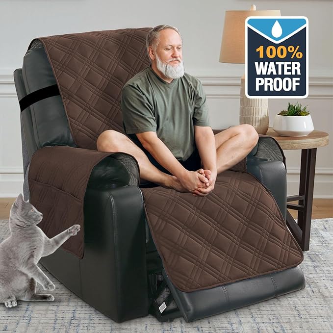 H.VERSAILTEX 100% Waterproof Recliner Chair Cover Non-Slip Reclining Cover for Electric Power Lift Recliner Chair Washable Reclining Chair/Furniture Protector for Kids, Pets,Brown/Beige