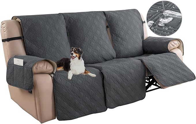 Easehomey Waterproof Recliner Sofa Cover,Non-Slip Reclining Sofa Covers for 3 Seat,Washable Reclining Sofa Cover Furniture Protector with Elastic Straps Pocket for Kids, Pets(Dark Gray,3Seat)