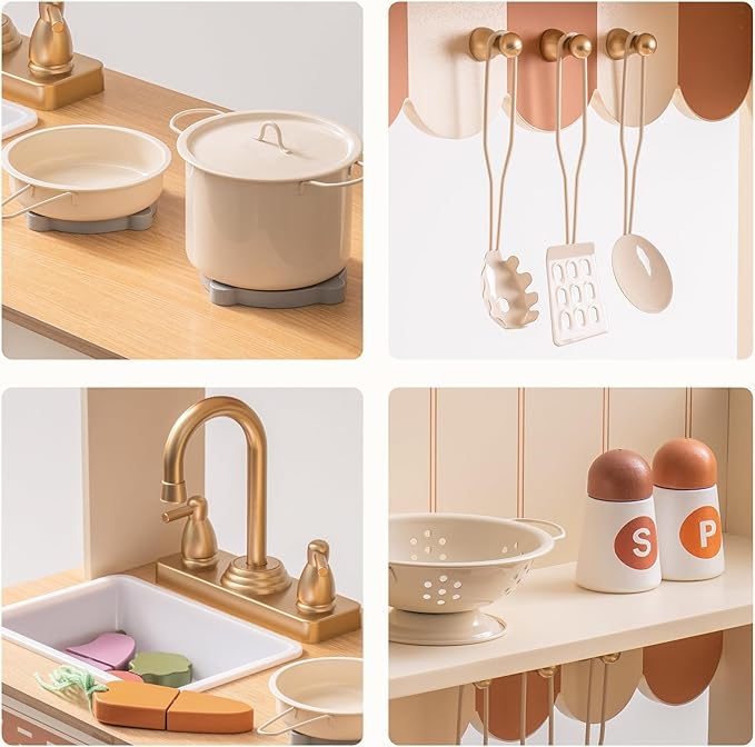 ROBUD Wooden Play Kitchen Set for Kids, Pretend Play Kitchen Toy Set with Golden Faucet, Sink, Oven, Stove, Cabinet, Vintage Style, Gift for Boys & Girls, Ages 3+