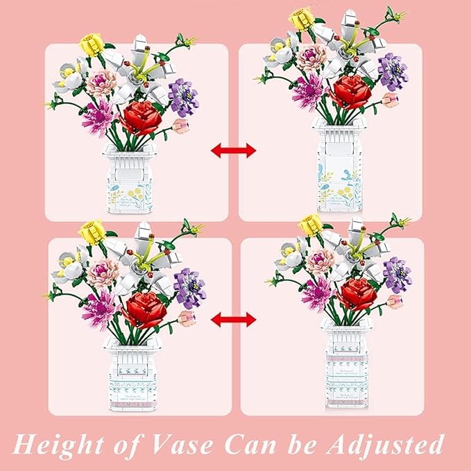 Adults Flowers Bouquet Building Set for Women, 10 Artificial Flowers, with Blocks Vase (730 Pcs)