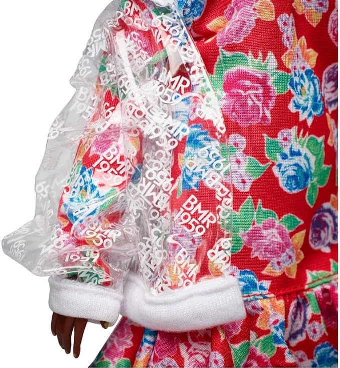 Barbie BMR1959 Fully Poseable Curvy Fashion Doll, Brunette, in Clear Vinyl Bomber Jacket and Floral Hoodie Dress, with Accessories and Doll Stand