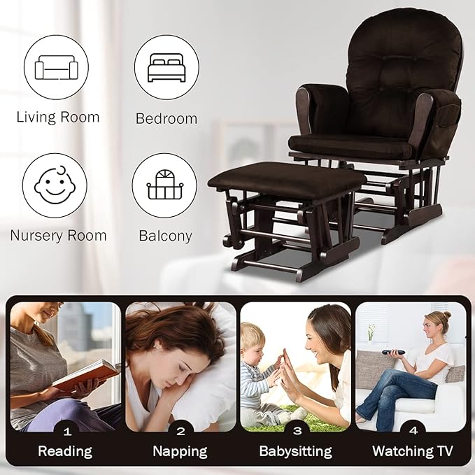 Costzon Glider and Ottoman Set, Wood Glider Rocker for Nursery, Upholstered Comfort Nursing Rocking Chair with Storage Pocket, Padded Armrests & Detachable Cushion, Easy to Assemble (Brown)