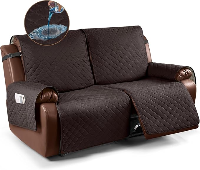 KinCam Waterproof Oversized Loveseat Recliner Cover, Non-Slip Reclining Couch Covers for 2 Seat, Recliner Sofa Cover Furniture Protector with Elastic Straps for Kids, Pets, Chocolate